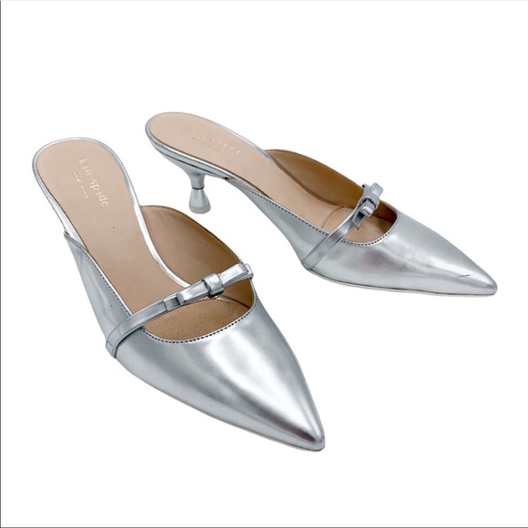 KATE SPADE Carnation Metallic Kitten-heel Sandals In Silver Leather 37.5 - Picture 6 of 6